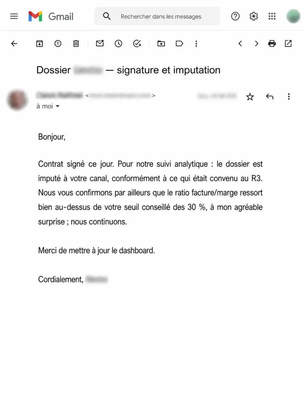 Email — pratica firmata e imputazione analitica